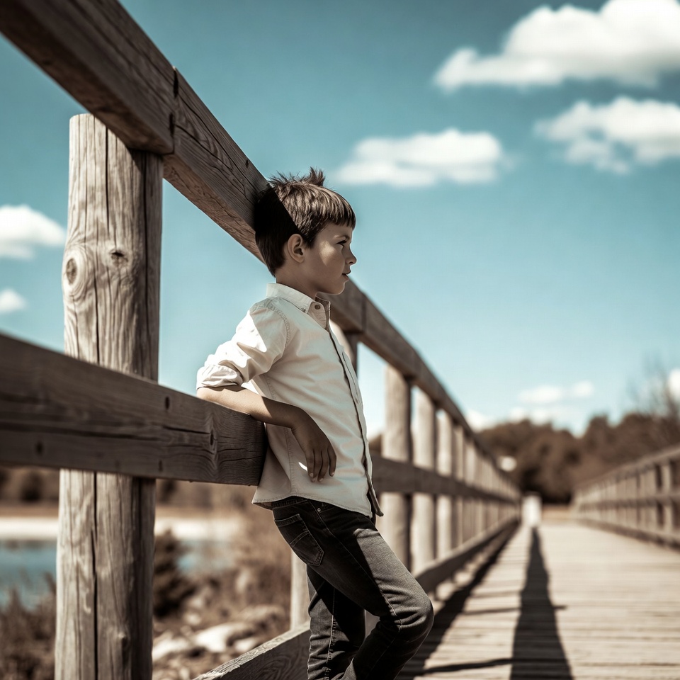 Boy leaning on wooden bridge railing Boy leaning on wooden bridge railing
