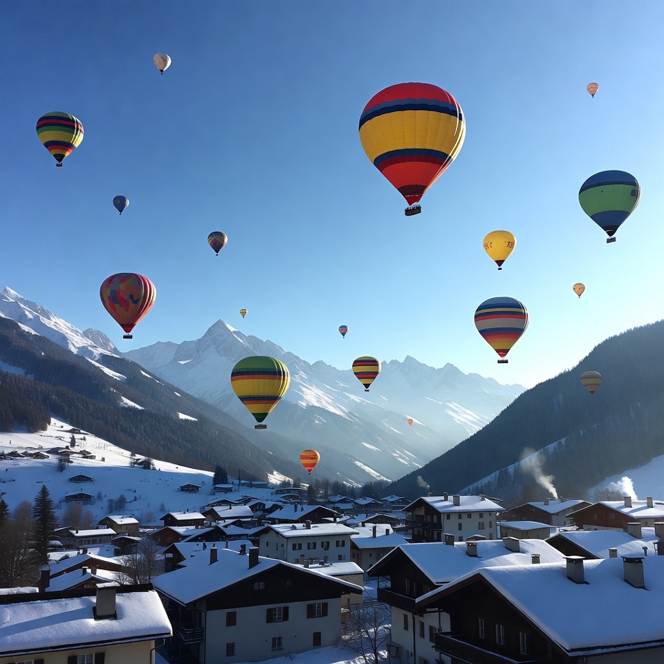 Colorful Hot Air Balloons over Snowy Mountains Colorful Hot Air Balloons over Snowy Mountains