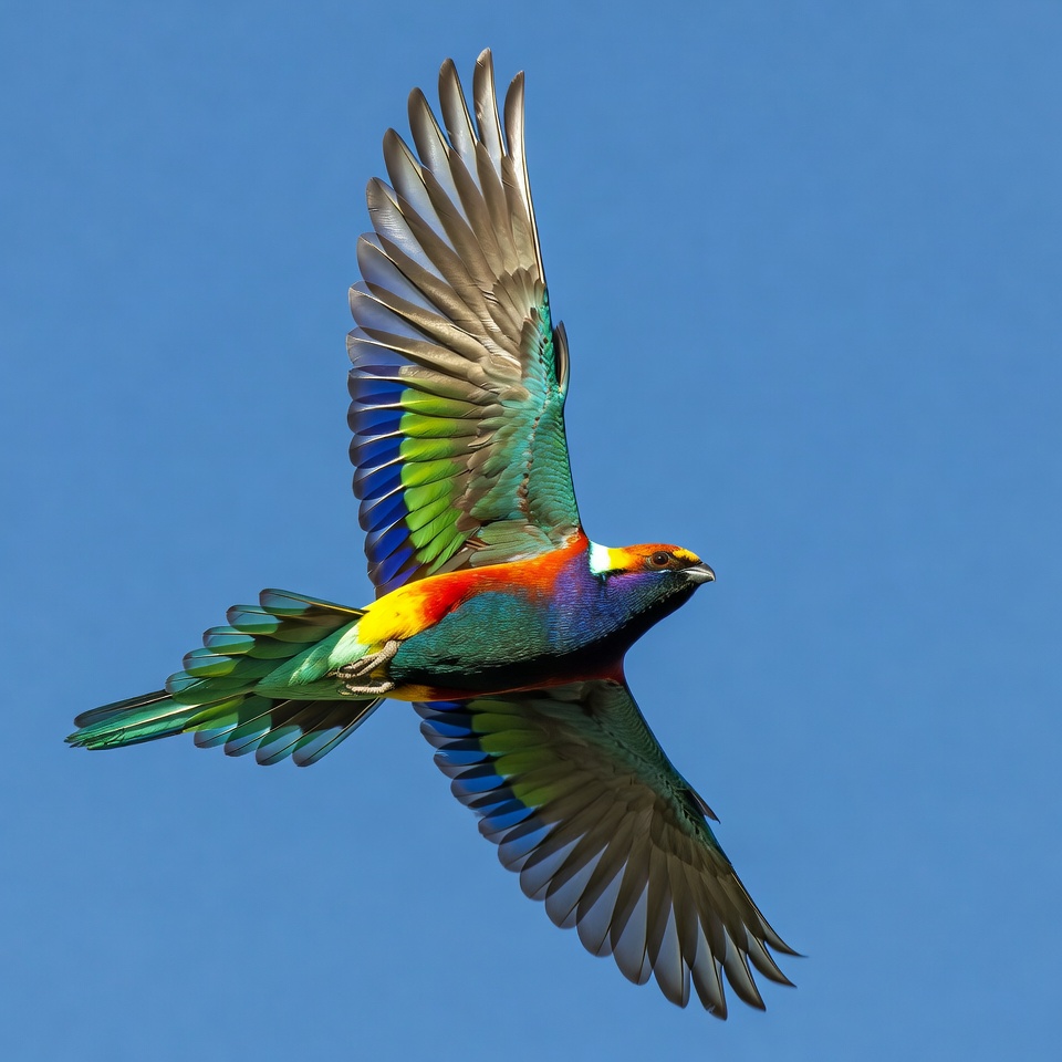 Rainbow Lorikeet Flying in Blue Sky Rainbow Lorikeet Flying in Blue Sky
