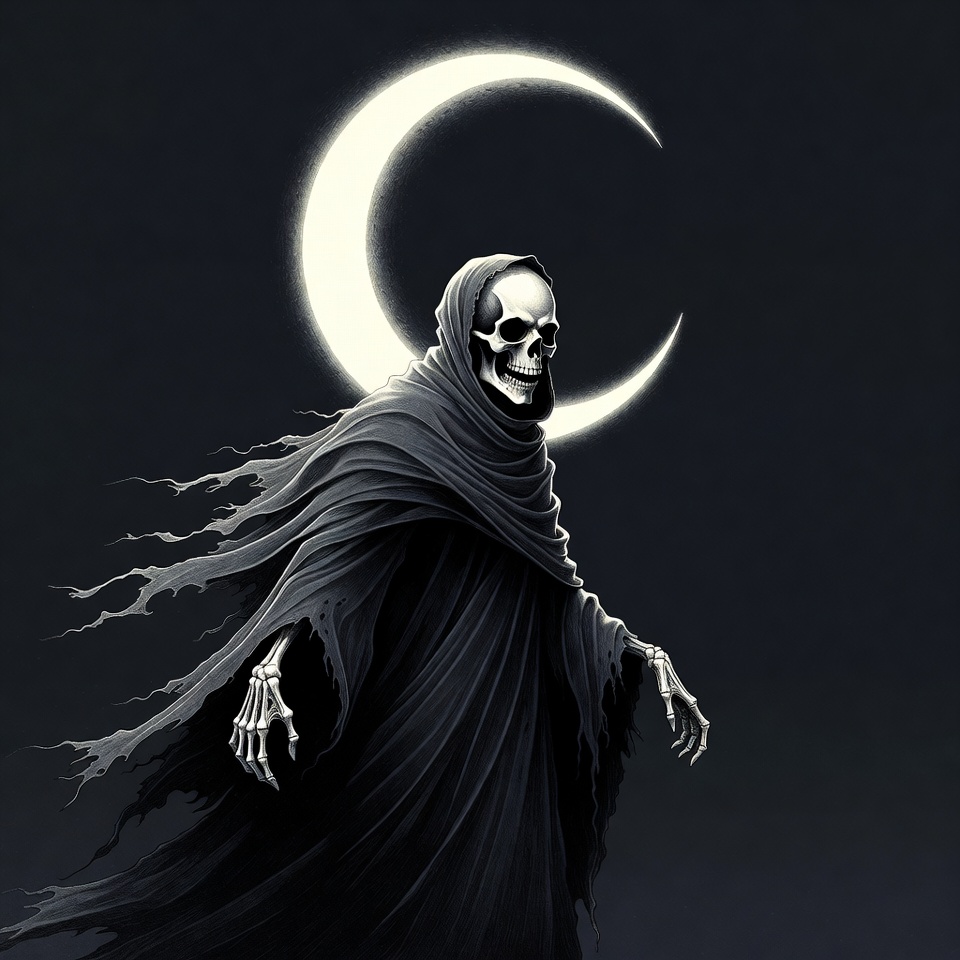 Skeleton in Hooded Cloak Under Crescent Moon Skeleton in Hooded Cloak Under Crescent Moon