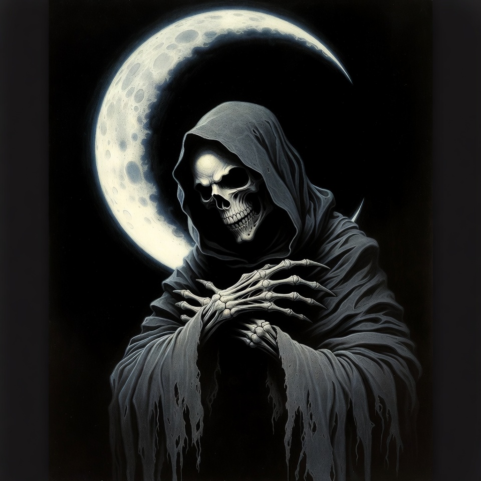 Skeleton in Hooded Cloak Under Crescent Moon Skeleton in Hooded Cloak Under Crescent Moon