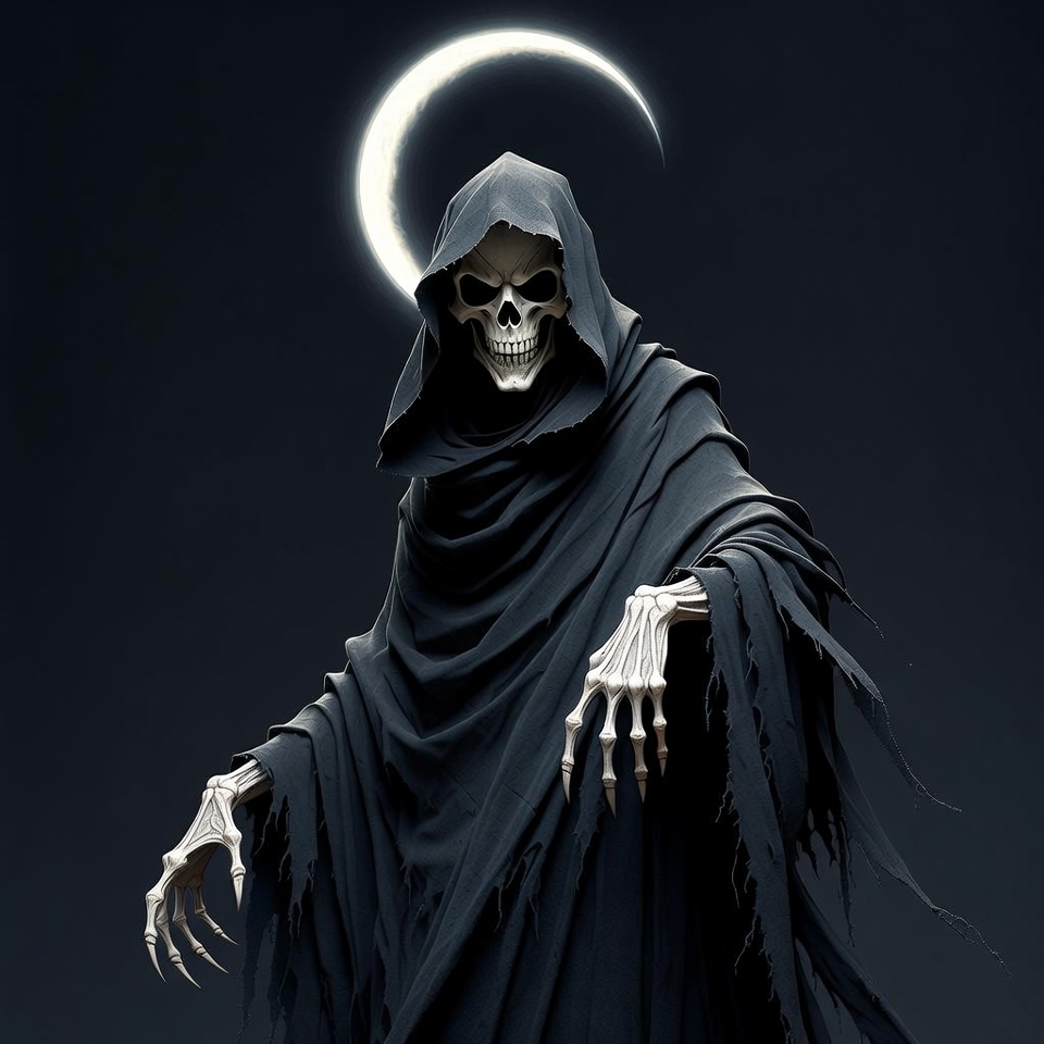 Skeleton in Hooded Cloak Under Moon Skeleton in Hooded Cloak Under Moon