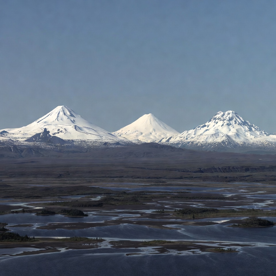 Three Snowy Volcanoes in Kamchatka Three Snowy Volcanoes in Kamchatka