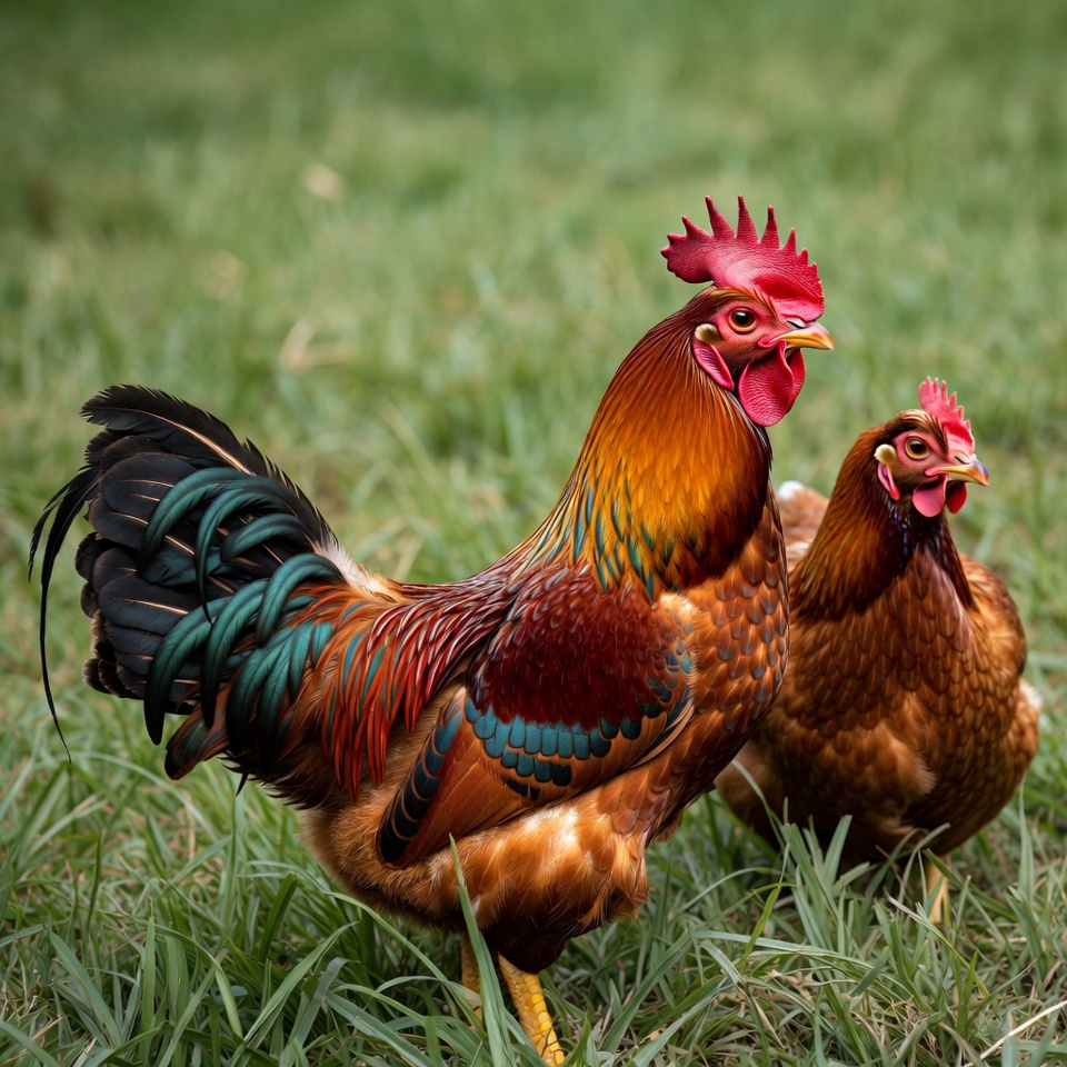 Rooster and Hen on Grass Rooster and Hen on Grass