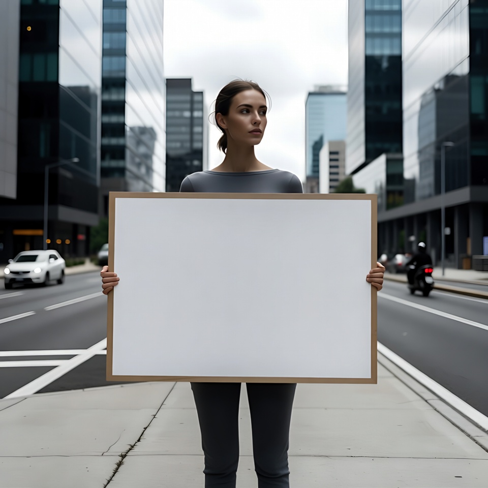 Woman holding blank sign in city Woman holding blank sign in city
