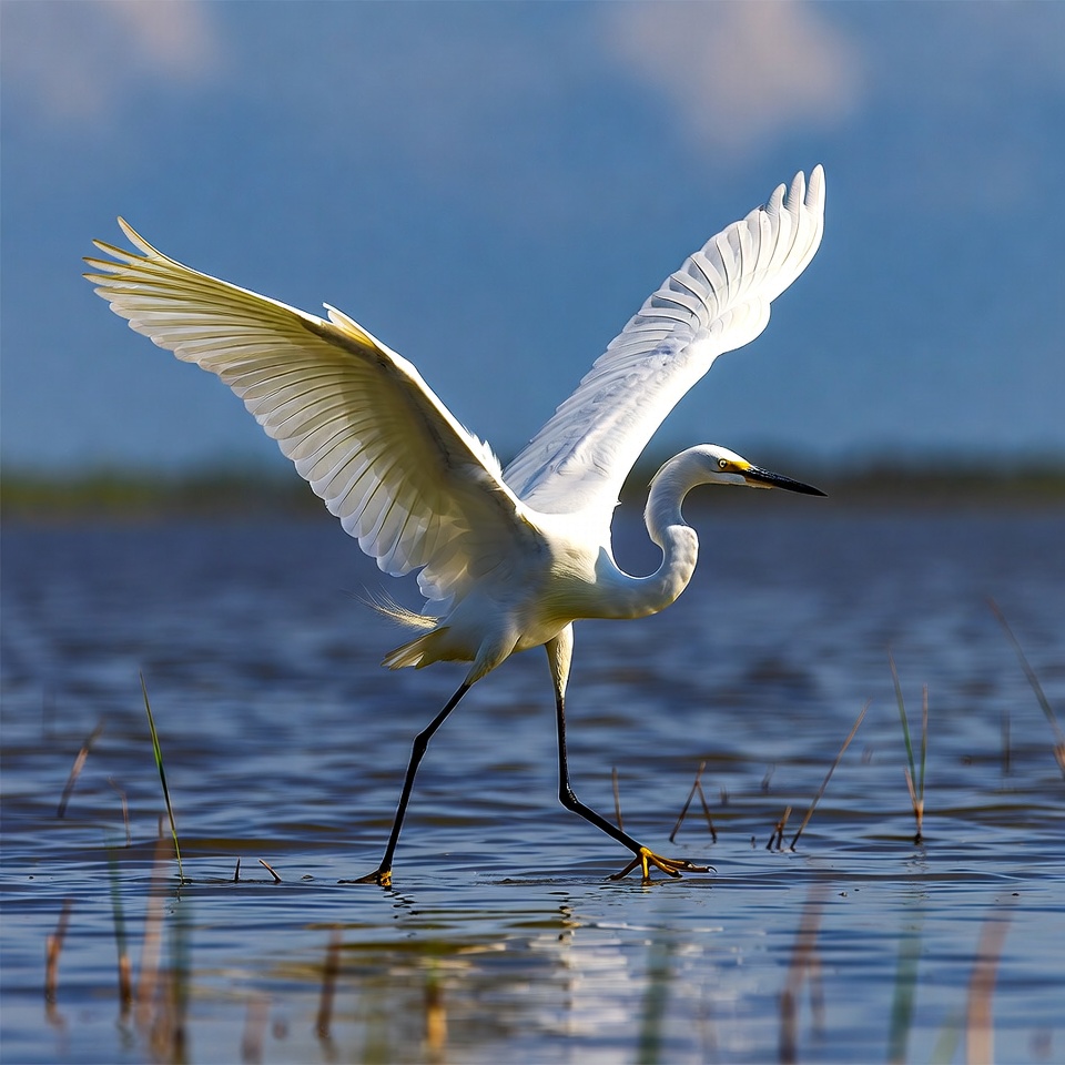 White Egret Spreading Wings in Water White Egret Spreading Wings in Water
