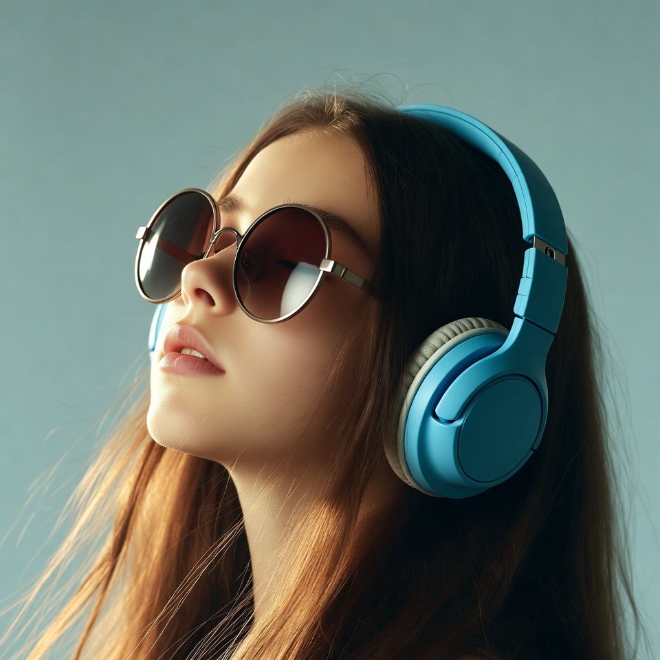 Woman wearing blue headphones sunglasses Woman wearing blue headphones sunglasses