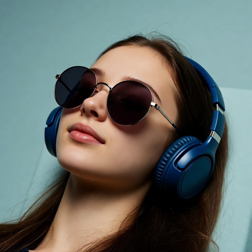 Woman wearing headphones and sunglasses Woman wearing headphones and sunglasses
