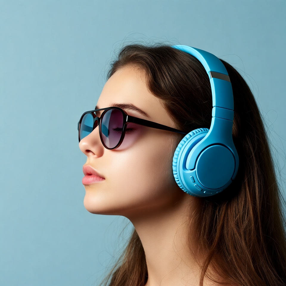 Woman wearing blue headphones sunglasses Woman wearing blue headphones sunglasses