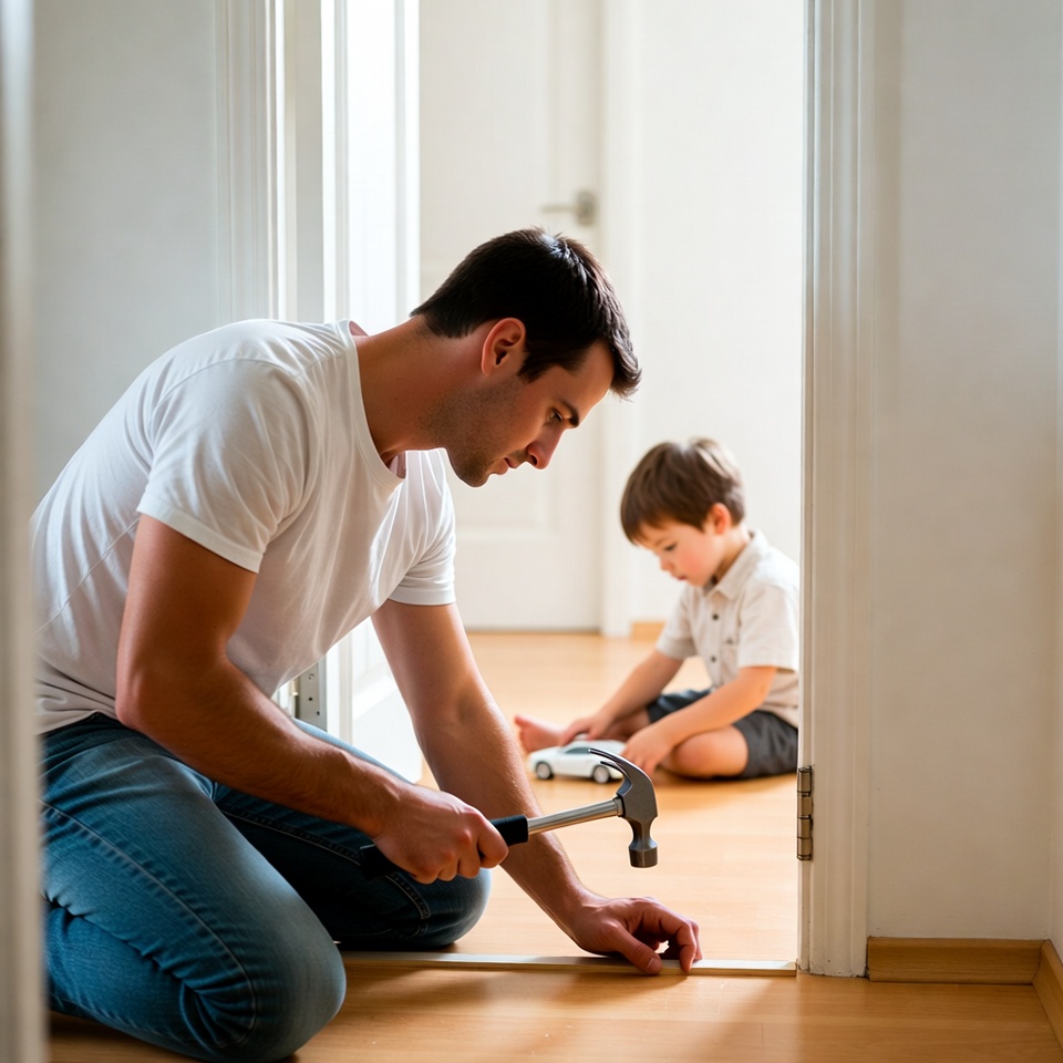 Father and son fixing door together Father and son fixing door together