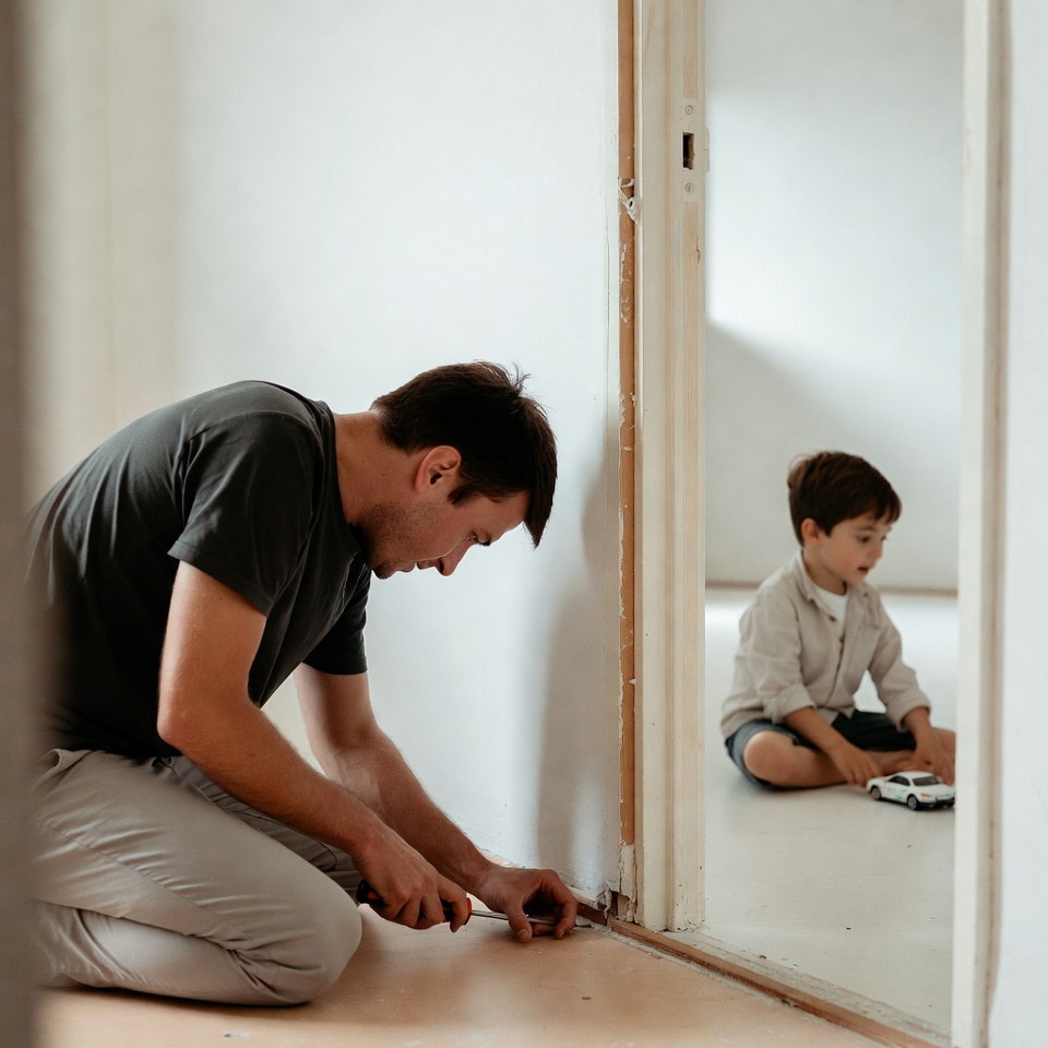 Father installing door frame with son Father installing door frame with son