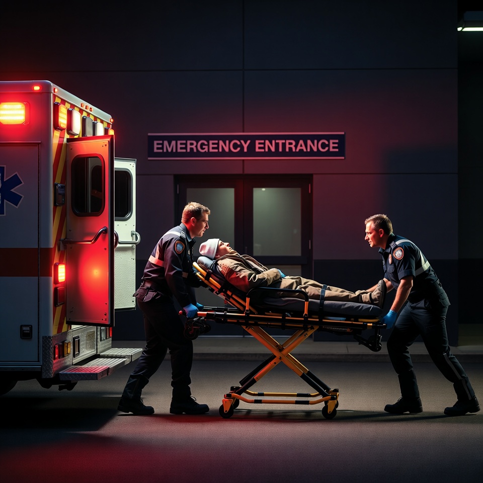 Paramedics Wheeling Patient into Emergency Entrance Paramedics Wheeling Patient into Emergency Entrance