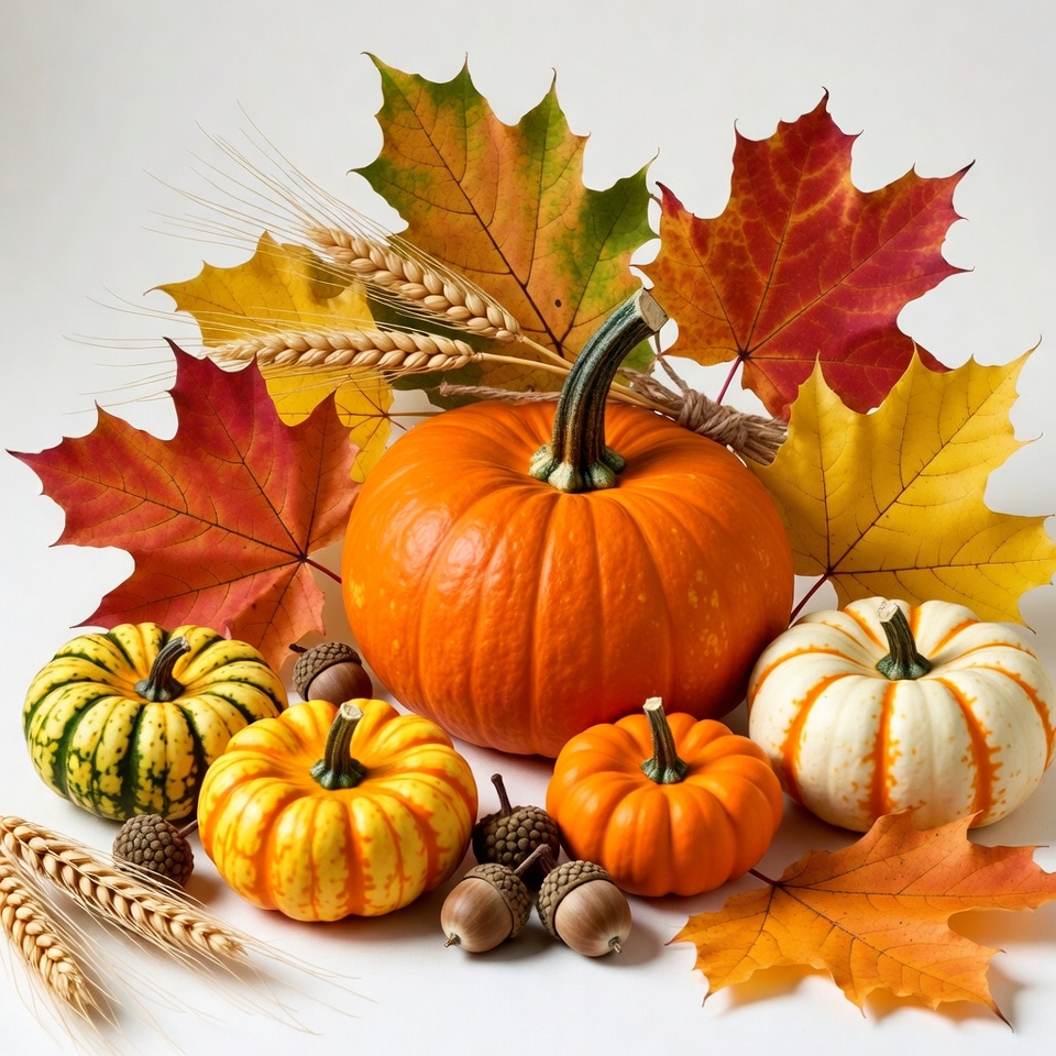 Assortment of pumpkins with fall leaves Assortment of pumpkins with fall leaves