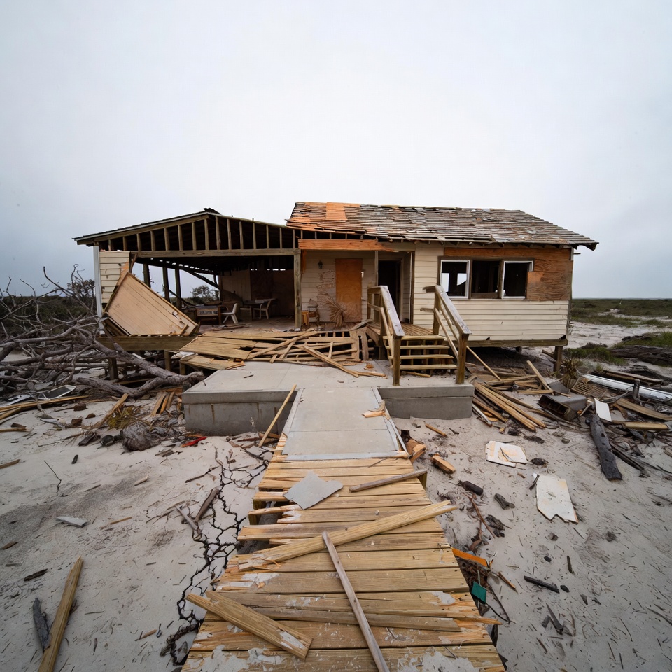 Hurricane-damaged house on beach Hurricane-damaged house on beach