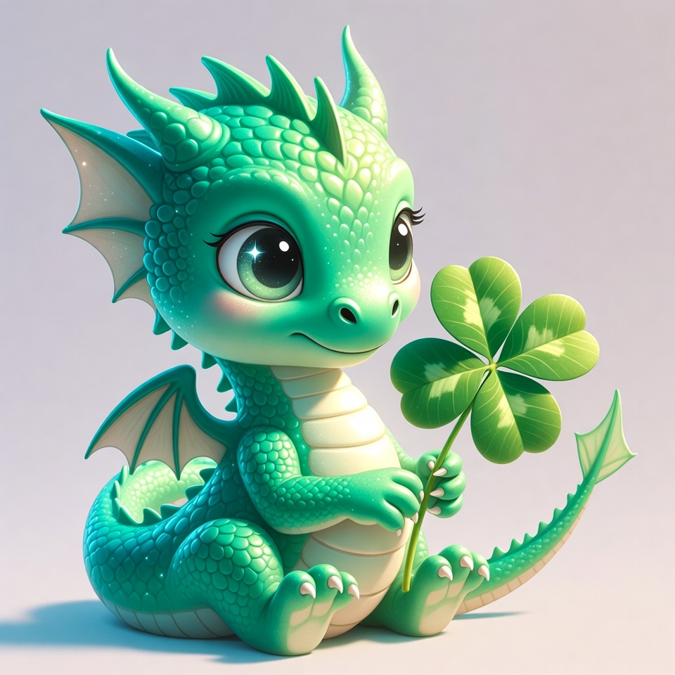Cute green baby dragon holding shamrock Cute green baby dragon holding shamrock