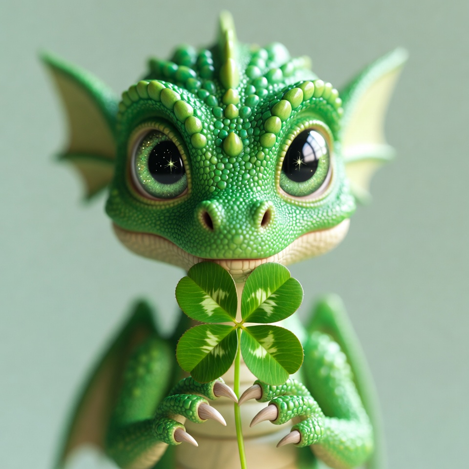 Cute green baby dragon holding four-leaf clover Cute green baby dragon holding four-leaf clover