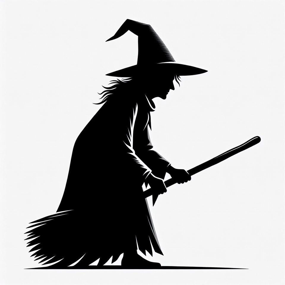 Silhouette Witch Flying on Broomstick Silhouette Witch Flying on Broomstick
