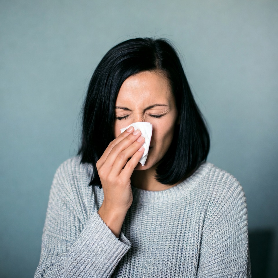 Woman blowing nose with tissue Woman blowing nose with tissue
