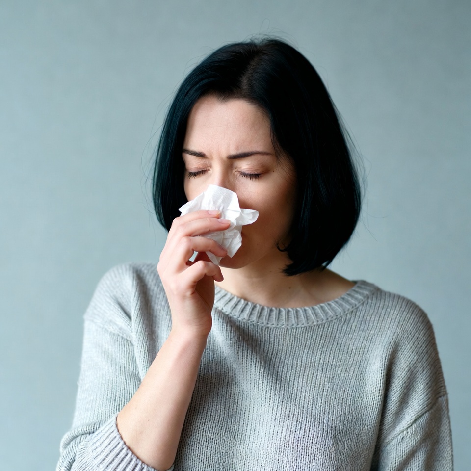 Woman blowing nose with tissue Woman blowing nose with tissue