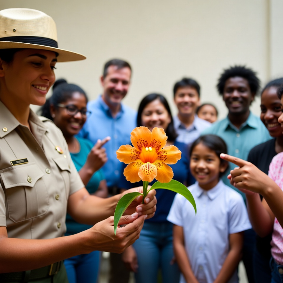 Park ranger showing orange flower to diverse group Park ranger showing orange flower to diverse group