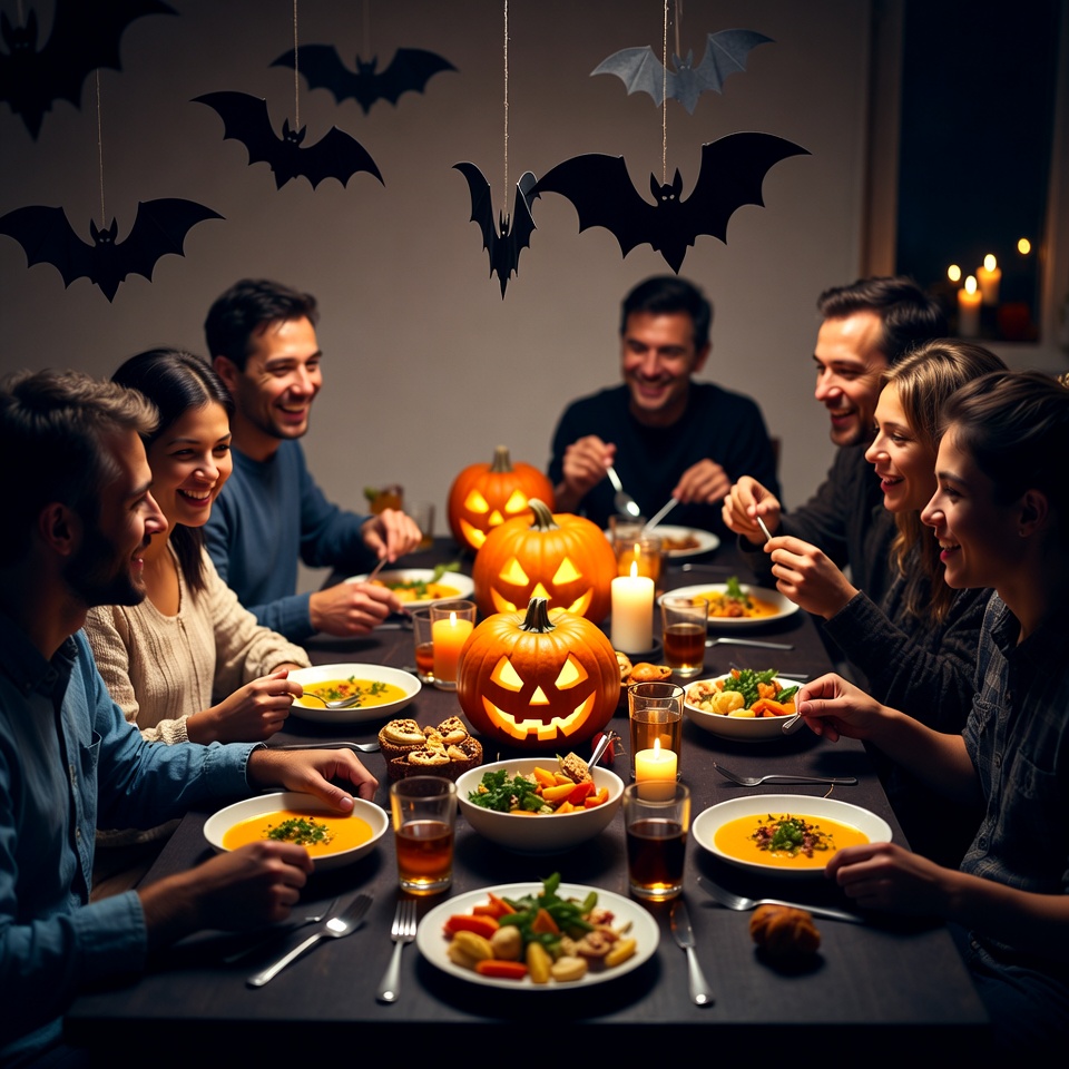 Group enjoying Halloween dinner party Group enjoying Halloween dinner party