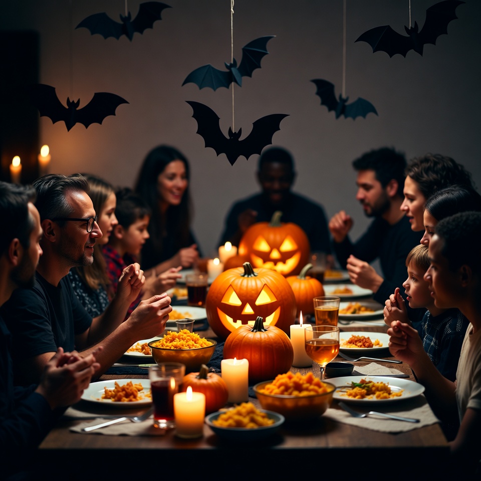 Family Thanksgiving Dinner with Jack-o-Lanterns Family Thanksgiving Dinner with Jack-o-Lanterns