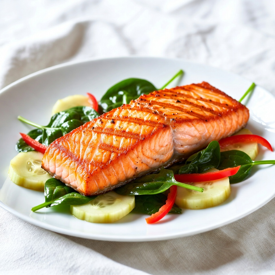 Grilled Salmon with Spinach and Cucumber Grilled Salmon with Spinach and Cucumber