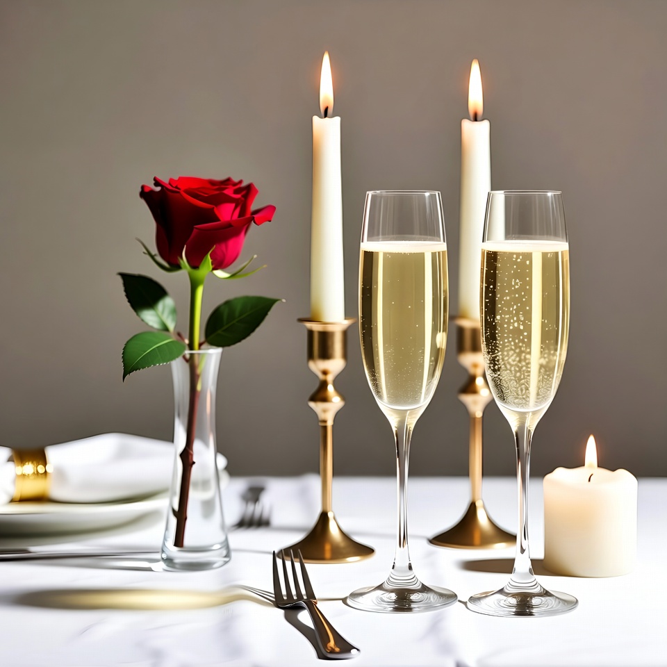 Champagne Glasses with Rose and Candles Champagne Glasses with Rose and Candles
