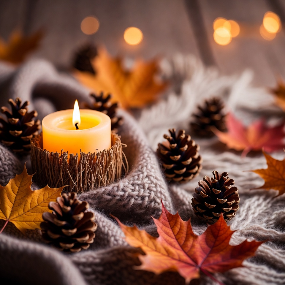 Lit Candle with Pine Cones and Autumn Leaves Lit Candle with Pine Cones and Autumn Leaves