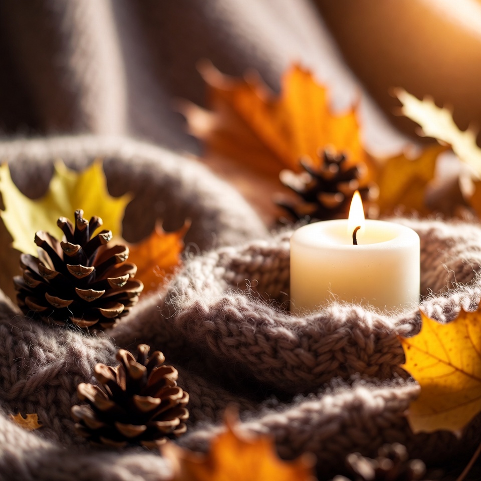Cozy Candle with Pine Cones and Autumn Leaves Cozy Candle with Pine Cones and Autumn Leaves