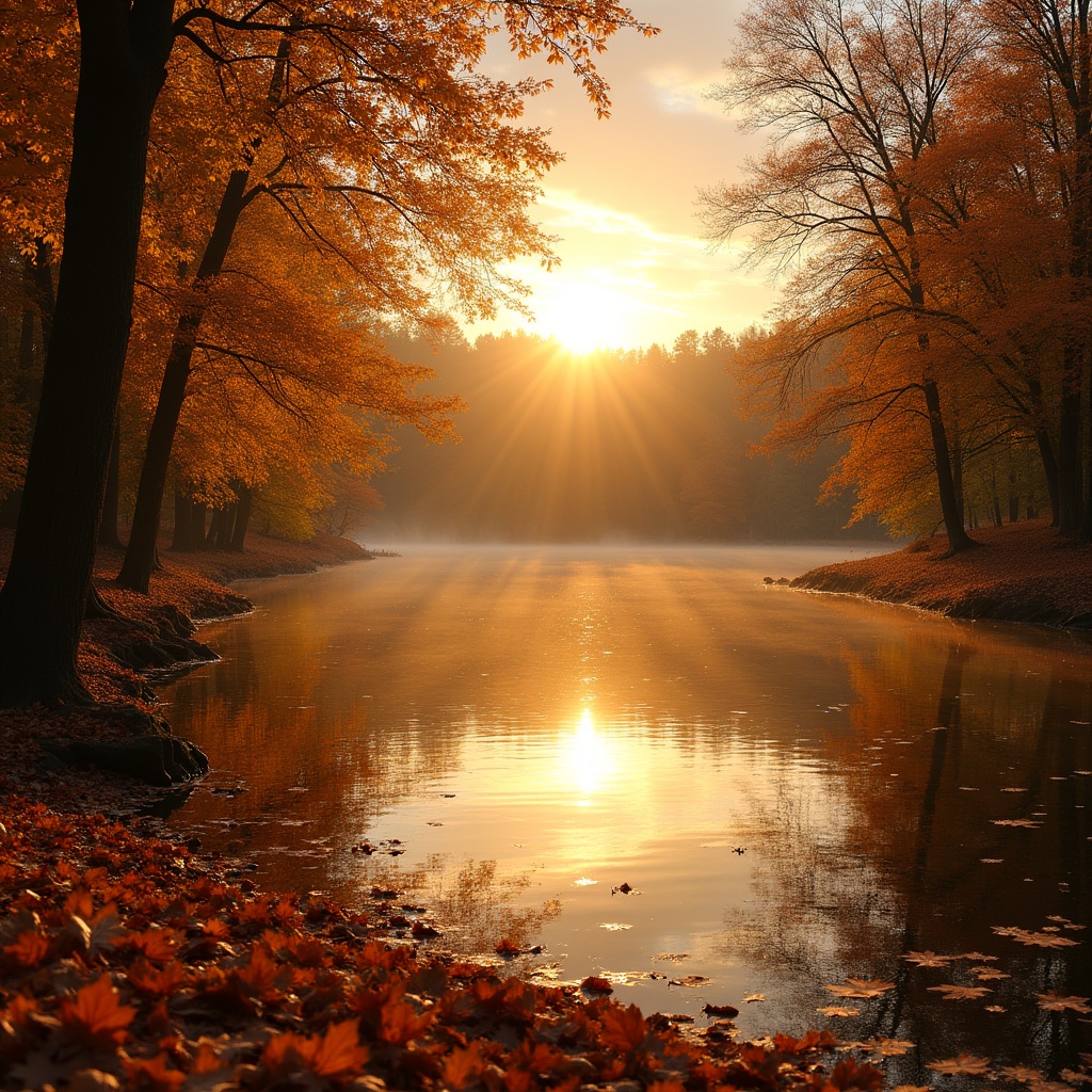 Autumn Forest with Golden Sunset Lake Autumn Forest with Golden Sunset Lake