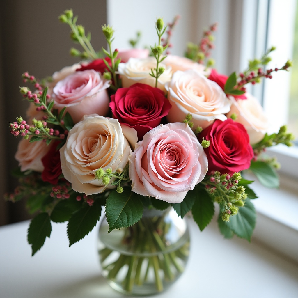 Pink and Red Roses in Glass Vase Pink and Red Roses in Glass Vase