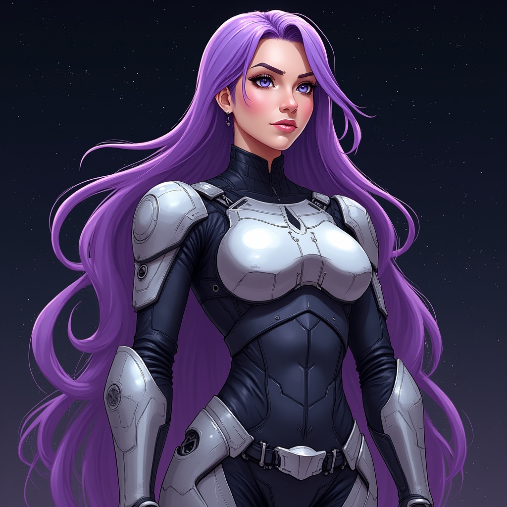 Purple-haired woman in futuristic armor Purple-haired woman in futuristic armor