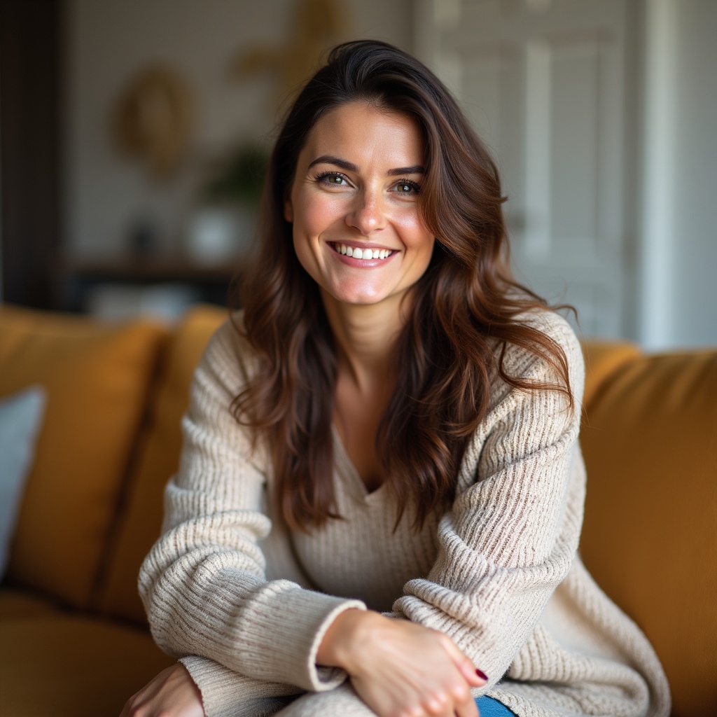Smiling woman on orange sofa Smiling woman on orange sofa