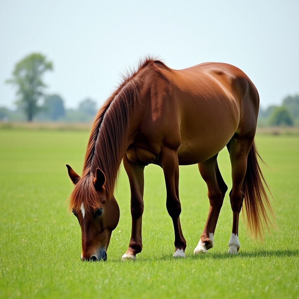 Brown horse grazing in green field Brown horse grazing in green field