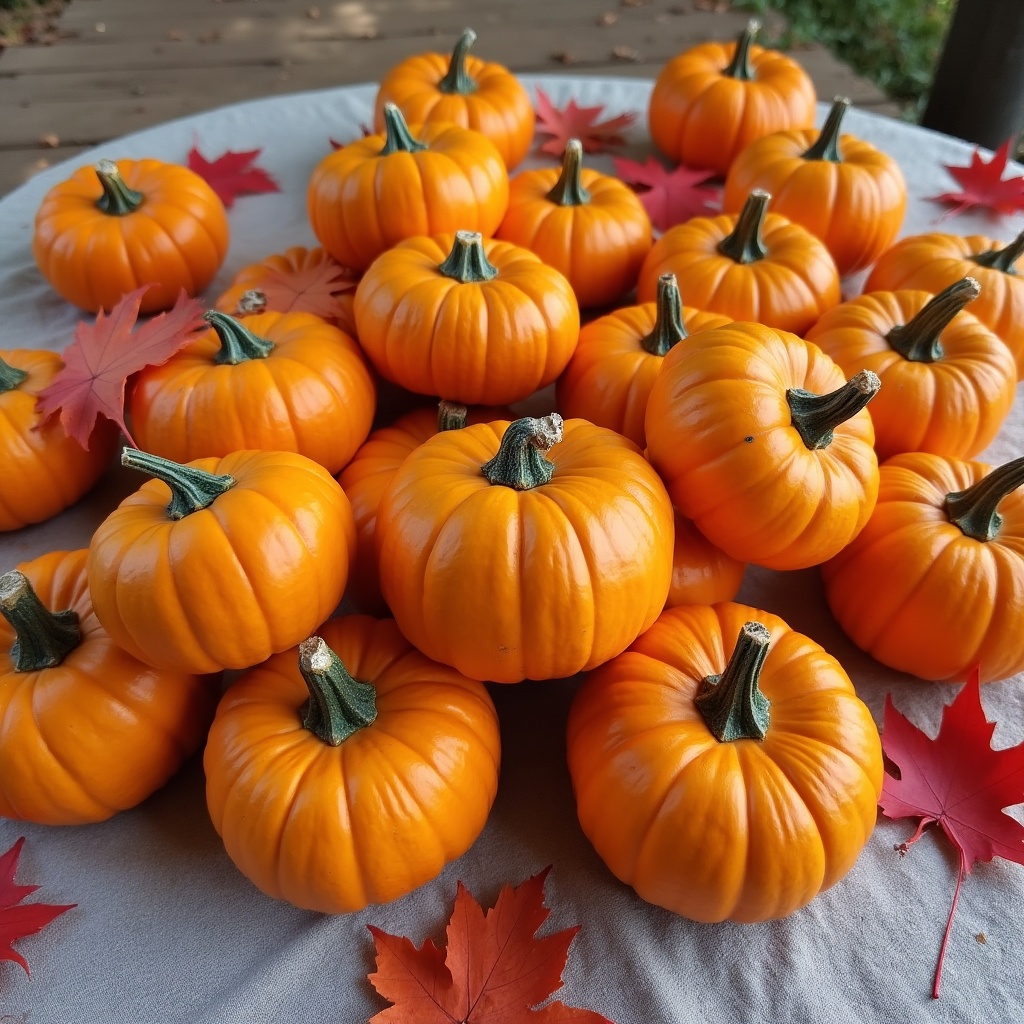 Pumpkins and autumn leaves on table Pumpkins and autumn leaves on table