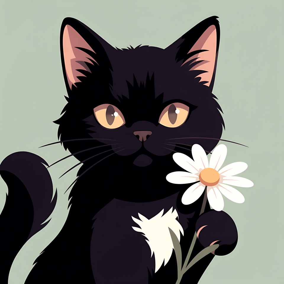 Black cat holding daisy Black cat holding daisy