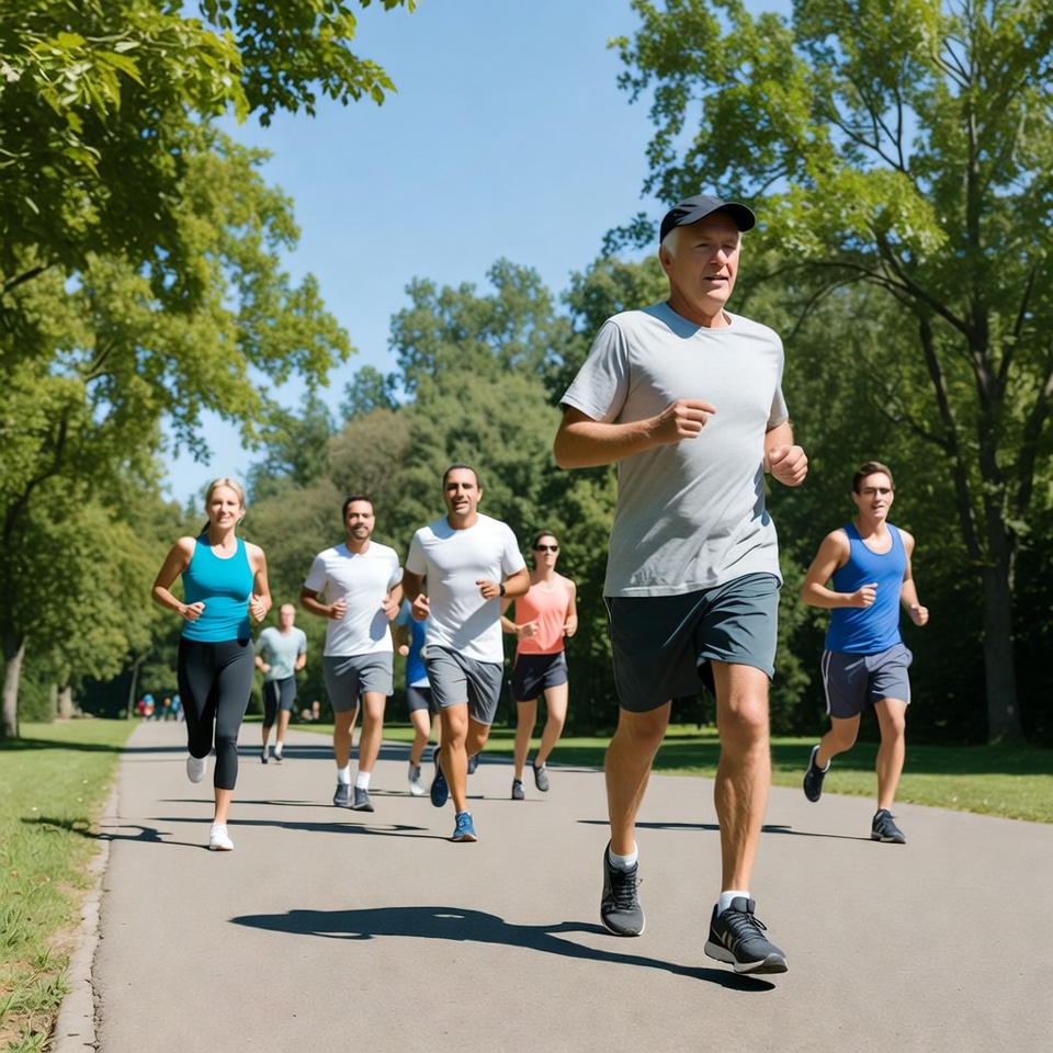 Group of runners jogging on park path Group of runners jogging on park path