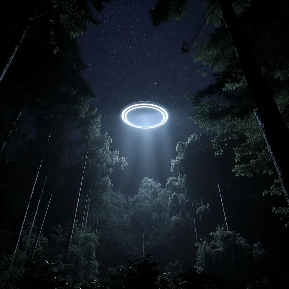 UFO hovering over dark forest UFO hovering over dark forest