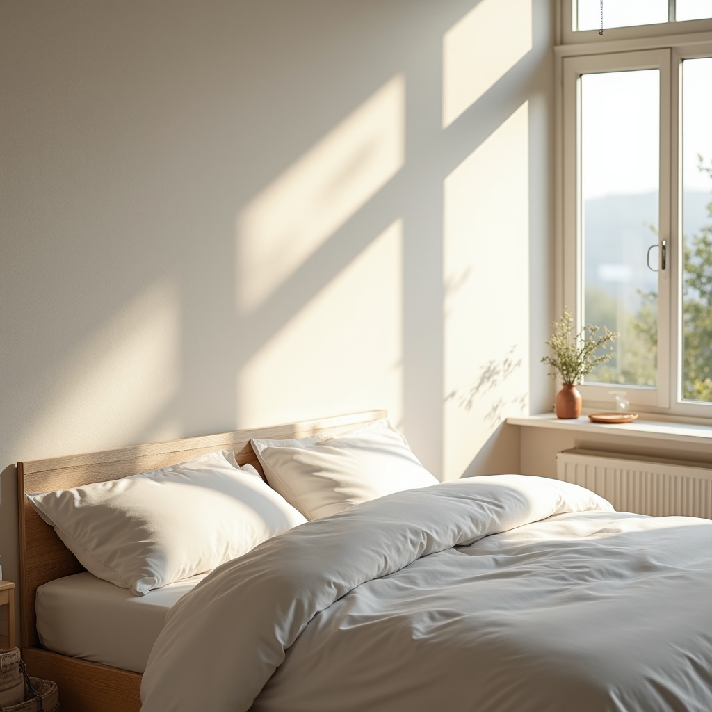 Cozy white bed by sunlit window Cozy white bed by sunlit window