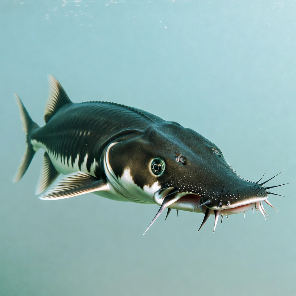 Sterlet Sturgeon Swimming Underwater Sterlet Sturgeon Swimming Underwater