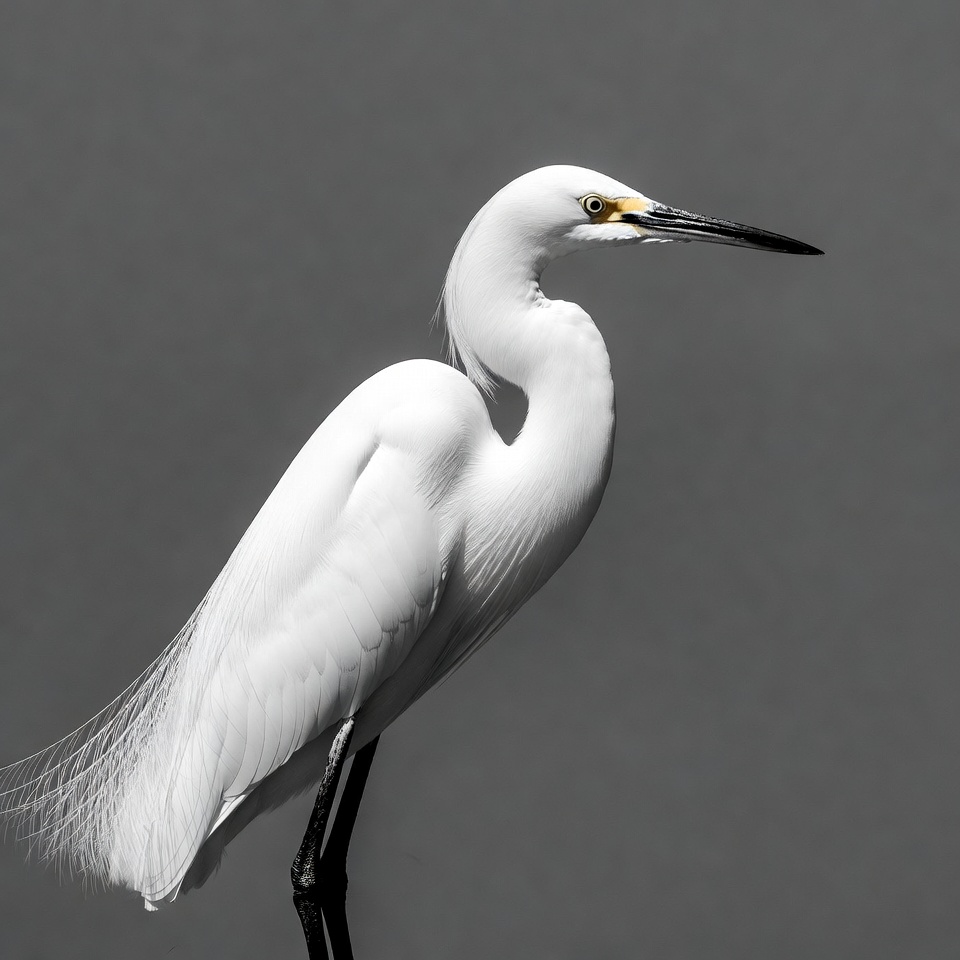 White egret standing on gray background White egret standing on gray background