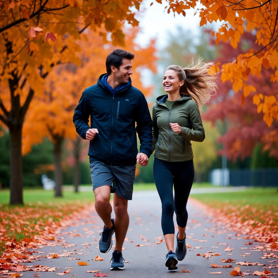 Couple jogging through autumn trees Couple jogging through autumn trees