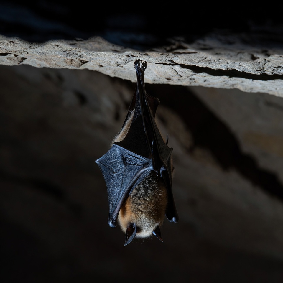 Bat hanging upside down in cave Bat hanging upside down in cave