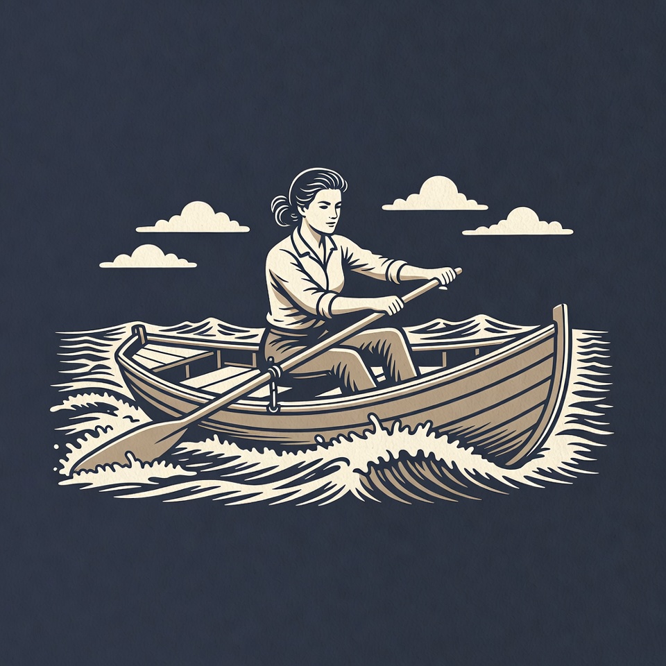 Woman rowing boat in waves Woman rowing boat in waves