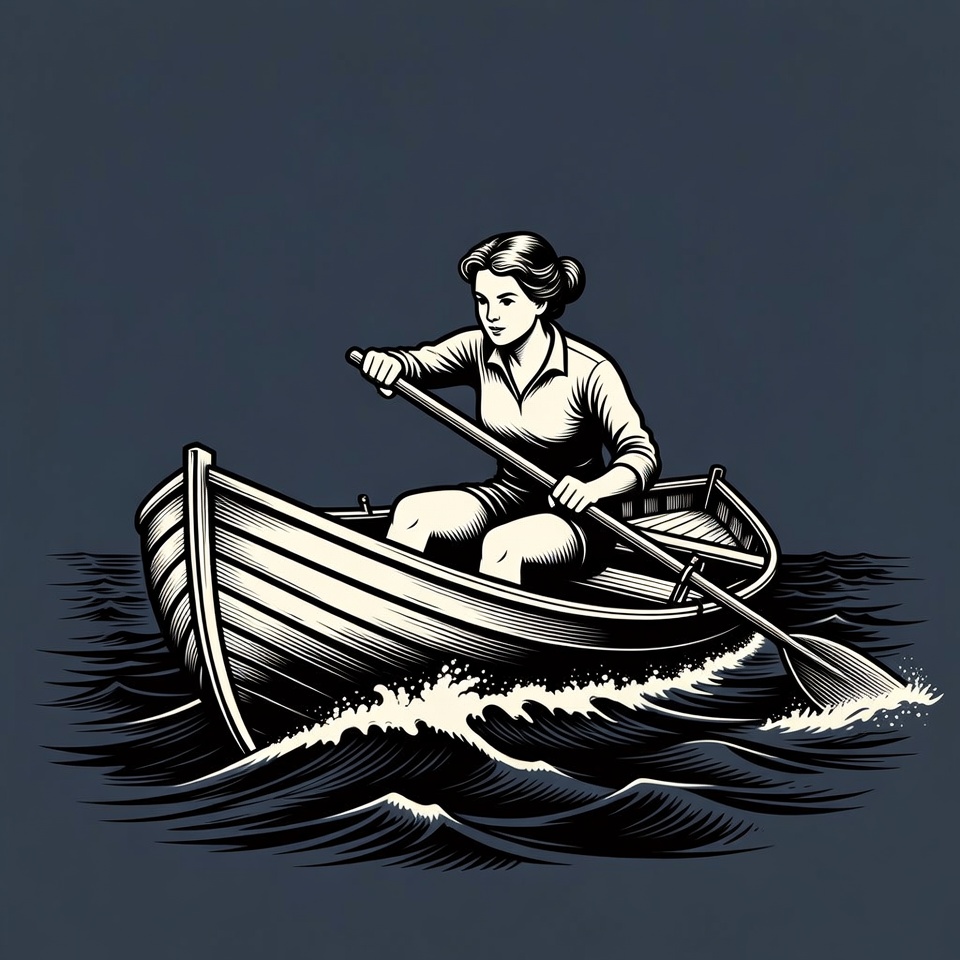 Woman rowing boat in waves Woman rowing boat in waves