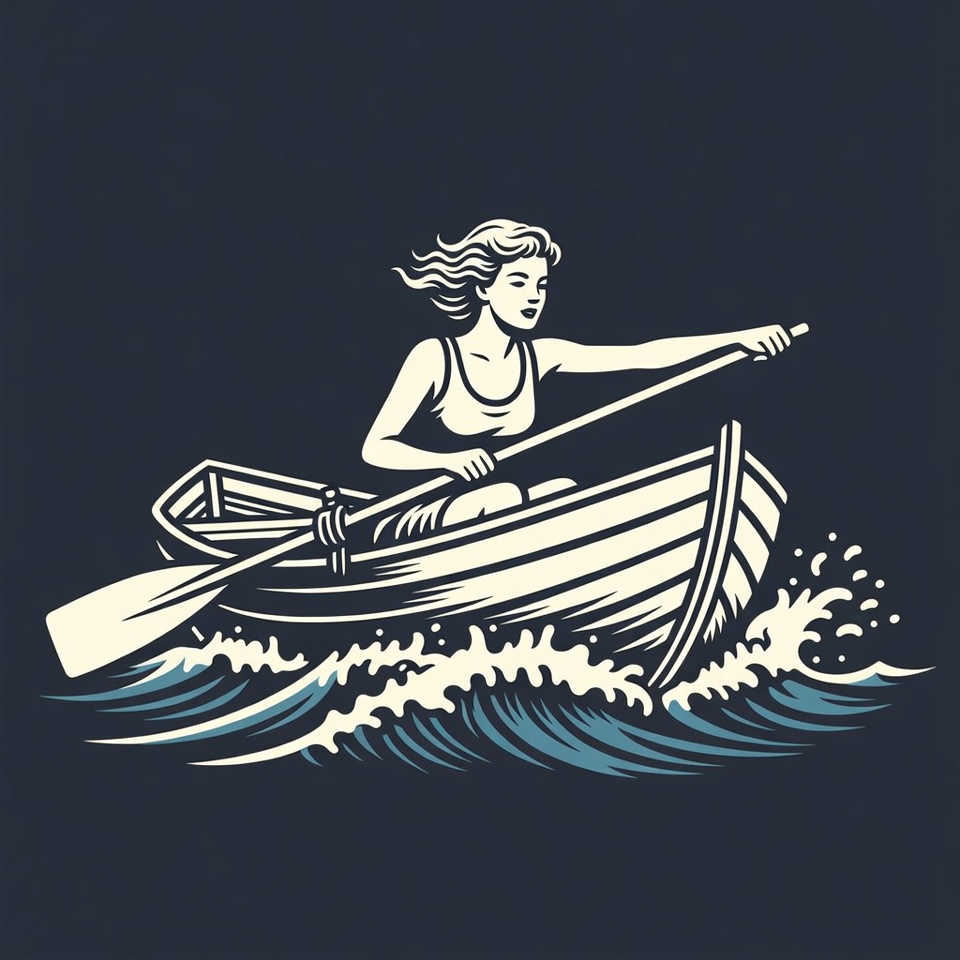 Woman rowing boat in waves Woman rowing boat in waves