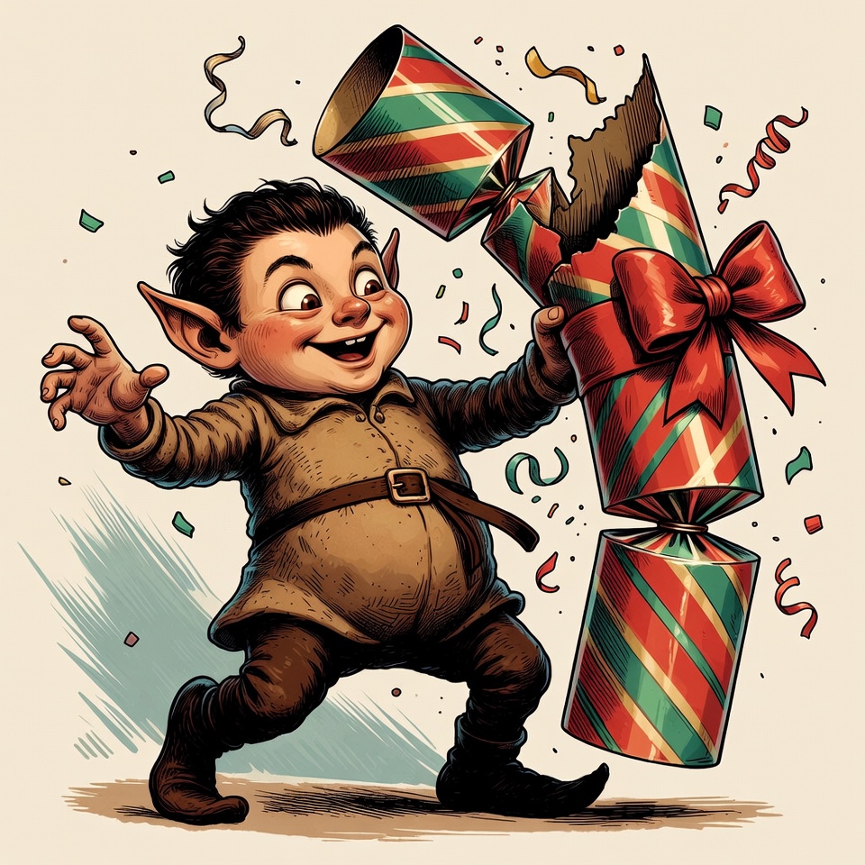 Elf pulling Christmas cracker Elf pulling Christmas cracker