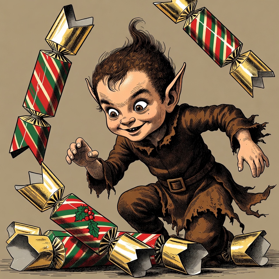 Elf surrounded by Christmas crackers Elf surrounded by Christmas crackers