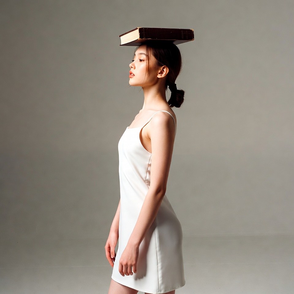 Asian woman balancing book on head Asian woman balancing book on head